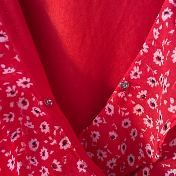H&M Red Floral Frill Chiffon Dress S - Picture 4 of 6